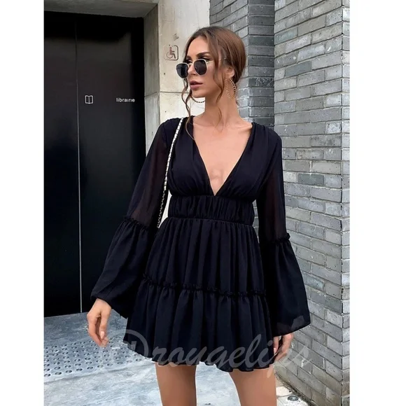Black Boho Mini Dress Flounce Sleeves Deep V Neck - Picture 9 of 13